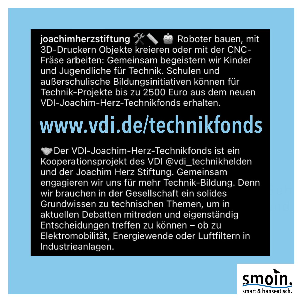 smoinhh's tweet photo. Ihr begeistert #Kinder und #Jugendliche für #Technik? Dann ist der VDI Joachim Herz #Technikfonds genau das Richtige für Euch! Jetzt #Konzept einreichen und bis zu 2.500 Euro #Förderung erhalten! Infos unter https://t.co/xXQJdimqxE

#schule #schulen #twlz #twitterlehrerzimmer https://t.co/5zMy2L03jH