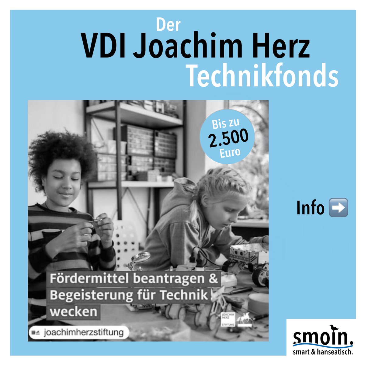 smoinhh's tweet photo. Ihr begeistert #Kinder und #Jugendliche für #Technik? Dann ist der VDI Joachim Herz #Technikfonds genau das Richtige für Euch! Jetzt #Konzept einreichen und bis zu 2.500 Euro #Förderung erhalten! Infos unter https://t.co/xXQJdimqxE

#schule #schulen #twlz #twitterlehrerzimmer https://t.co/5zMy2L03jH