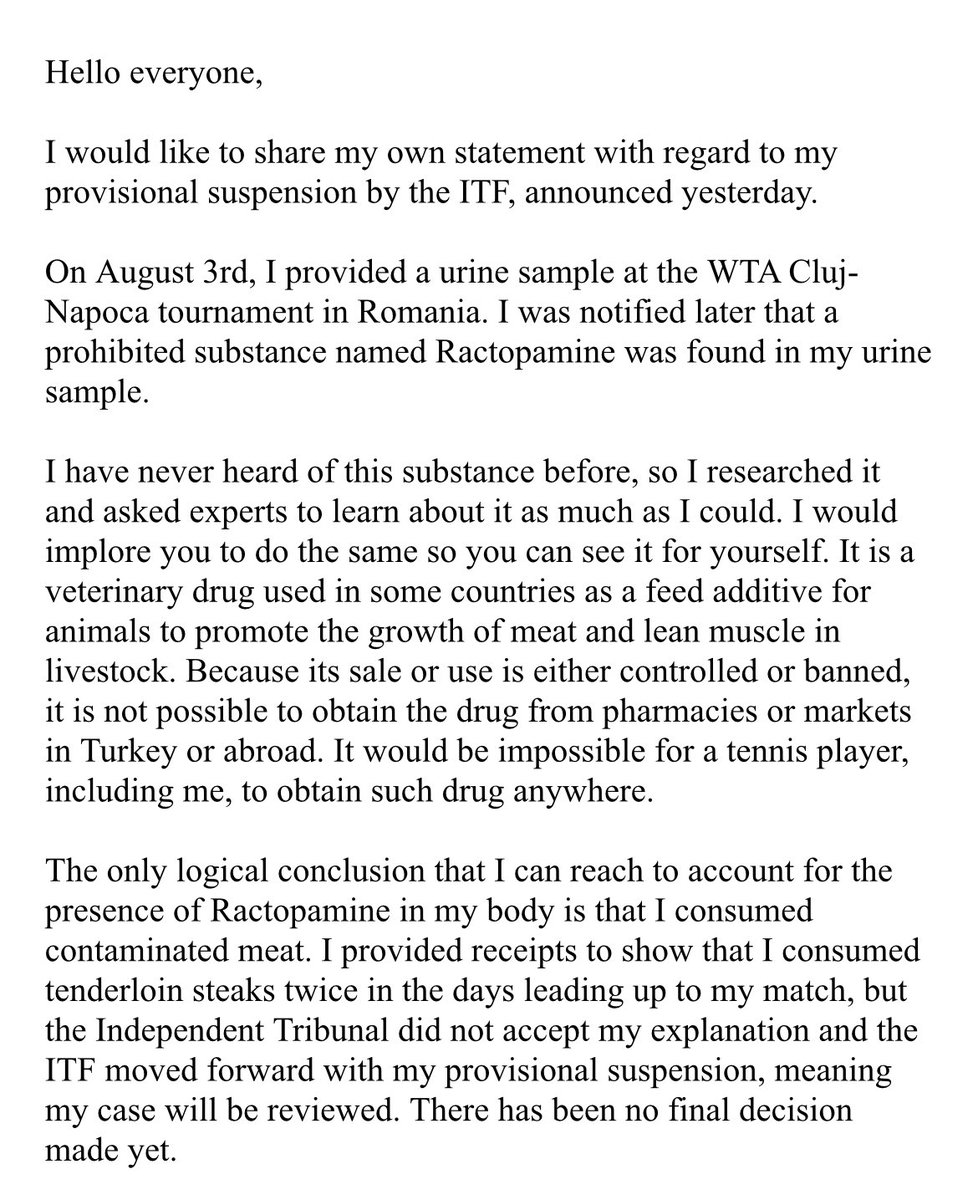 CaglaBuyukakcay's tweet photo. I would like to share my own statement with regard to my provisional suspension by the ITF, announced yesterday. https://t.co/zvJ1qmV7ah