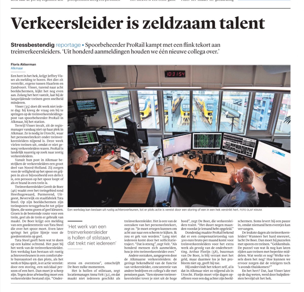 Deze week druk bezig geweest met het personeelstekort bij de verkeersleidingsposten bij <a href="/ProRail/">ProRail</a>. Trouw publiceerde vandaag, met dank aan m’n collega <a href="/JeroeniP/">Jeroen Wienen</a> dit mooie artikel. “Verkeersleider is een zeldzaam talent”