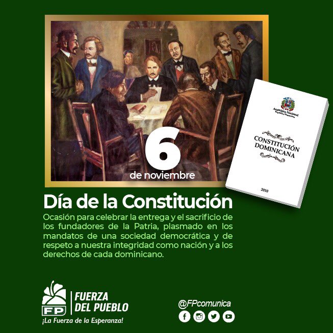 FPcomunica's tweet photo. #FPComunica |

Hoy, 6 de noviembre, conmemoramos 177 años de nuestra primera Constitución, puesta en vigencia y firmada en 1844 en San Cristóbal.

La Constitución es la que rige las normas de convivencia y nuestros derechos y deberes como ciudadanos.

 #DíaDeLaConstitución https://t.co/as8YuHZ95s
