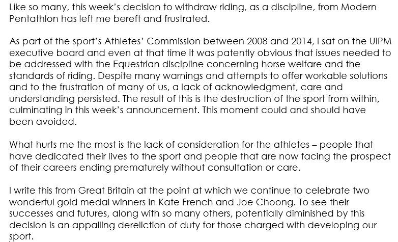 My thoughts on the news this week of the removal of the riding discipline from #modernpentathlon #UIPM  #Pentathlon