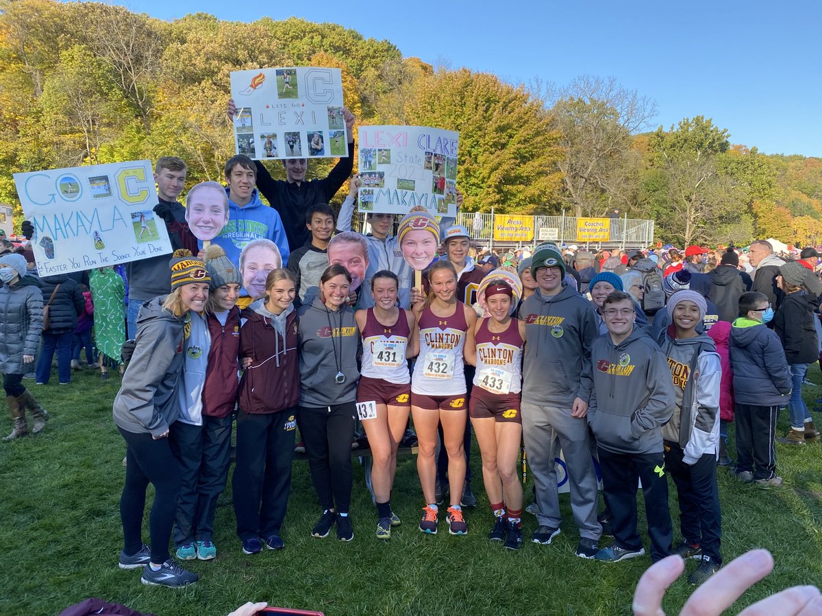 ClintonHS's tweet photo. Congrats to our cross country team on the finish to a great season. Lexi, Clare, and MaKayla all finished with their PR and now hold the 2nd,3rd,and 4th fastest times in school history. Thanks to all who came to support. Special thanks to the coaches #StateCC #MaroonPride #Proud https://t.co/lzKzyf6mgg