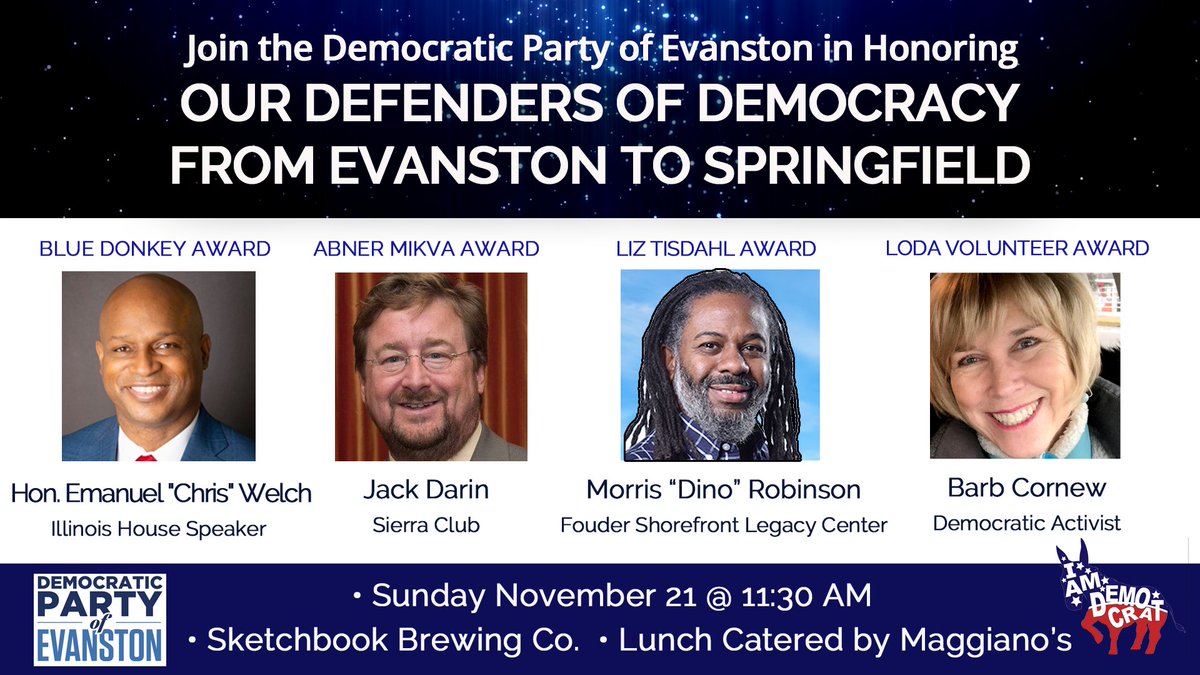 Join us at Sunday November 21st at Sketchbook Brewery for our Annual Awards Lunch. We will be honoring Illinois House Speaker <a href="/ChrisWelch_JD/">Emanuel "Chris" Welch</a>, Sierra Club Illinois Director <a href="/jackdarin/">Jack Darin</a>, Dino Robinson founder of <a href="/SFLegacy/">Shorefront Legacy</a> and <a href="/bcornew/">bcornew</a>

Grab your ticket here:
secure.actblue.com/donate/dpoe202…