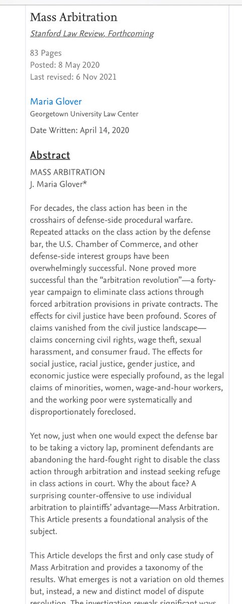Adam Zimmerman (@adam_zimmerman) on Twitter photo For your weekend reading pleasure, I highly recommend <a href="/mariaglover/">Maria Glover</a>’s “Mass Arbitration” (forthcoming <a href="/StanLRev/">Stanford Law Review</a>), which exhaustively examines how entrepreneurial lawyers have turned the tables on forced arbitration & what it means for our litigation system. papers.ssrn.com/sol3/papers.cf… For your weekend reading pleasure, I highly recommend <a href="/mariaglover/">Maria Glover</a>’s “Mass Arbitration” (forthcoming <a href="/StanLRev/">Stanford Law Review</a>), which exhaustively examines how entrepreneurial lawyers have turned the tables on forced arbitration & what it means for our litigation system. papers.ssrn.com/sol3/papers.cf…