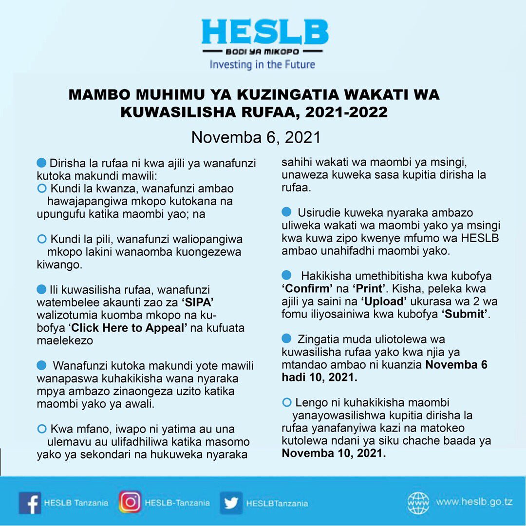HESLBTanzania's tweet photo. Dirisha la Rufaa kuwa wazi Oktoba 6-10, 2021. https://t.co/ShA9n5WH9y
