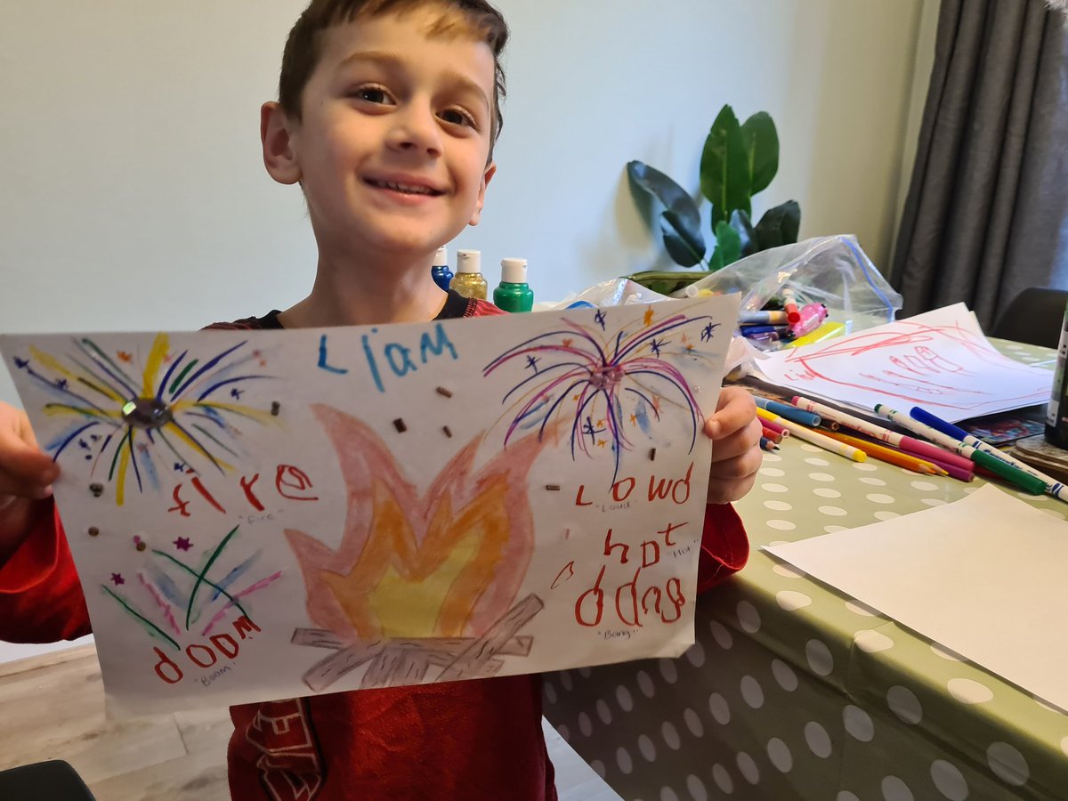 billybobtails's tweet photo. @MissHinton21 liam has really enjoyed the fireworks last night. He has enjoyed painting &amp; sticking beads to his picture (he wanted mummy to draw the hot fire!) He has used words to describe some of the sounds he heard 🔥🎆🎇 https://t.co/QFEFF3xivH