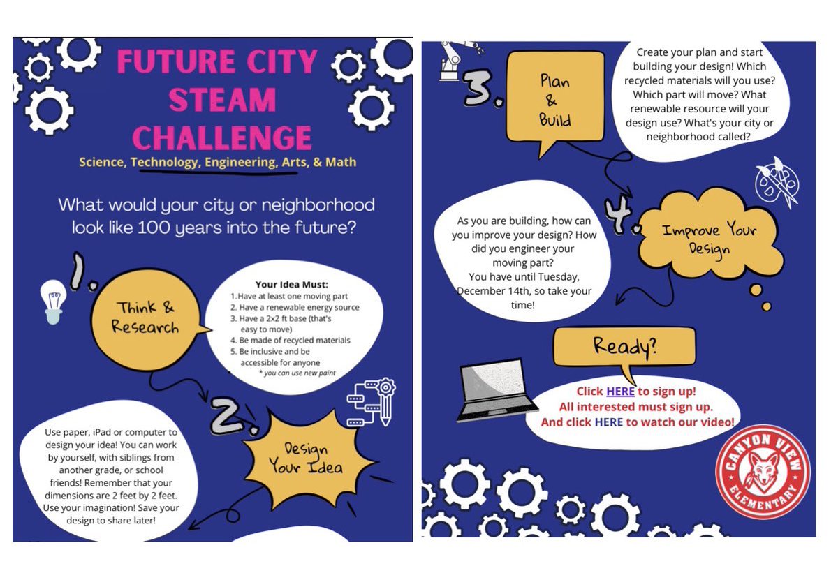 CoyotesCves's tweet photo. Calling Coyotes from all grades! What will YOUR future city look like? Imagine it. Design it. Build it!Awards in engineering design, artistic design, &amp; STEAM design! Register by Fri. Nov. 12th and get started right away! #CVESRocks #CanyonViewElementary #CVSTEAM #PowayUnified https://t.co/DOW1BP5V7p