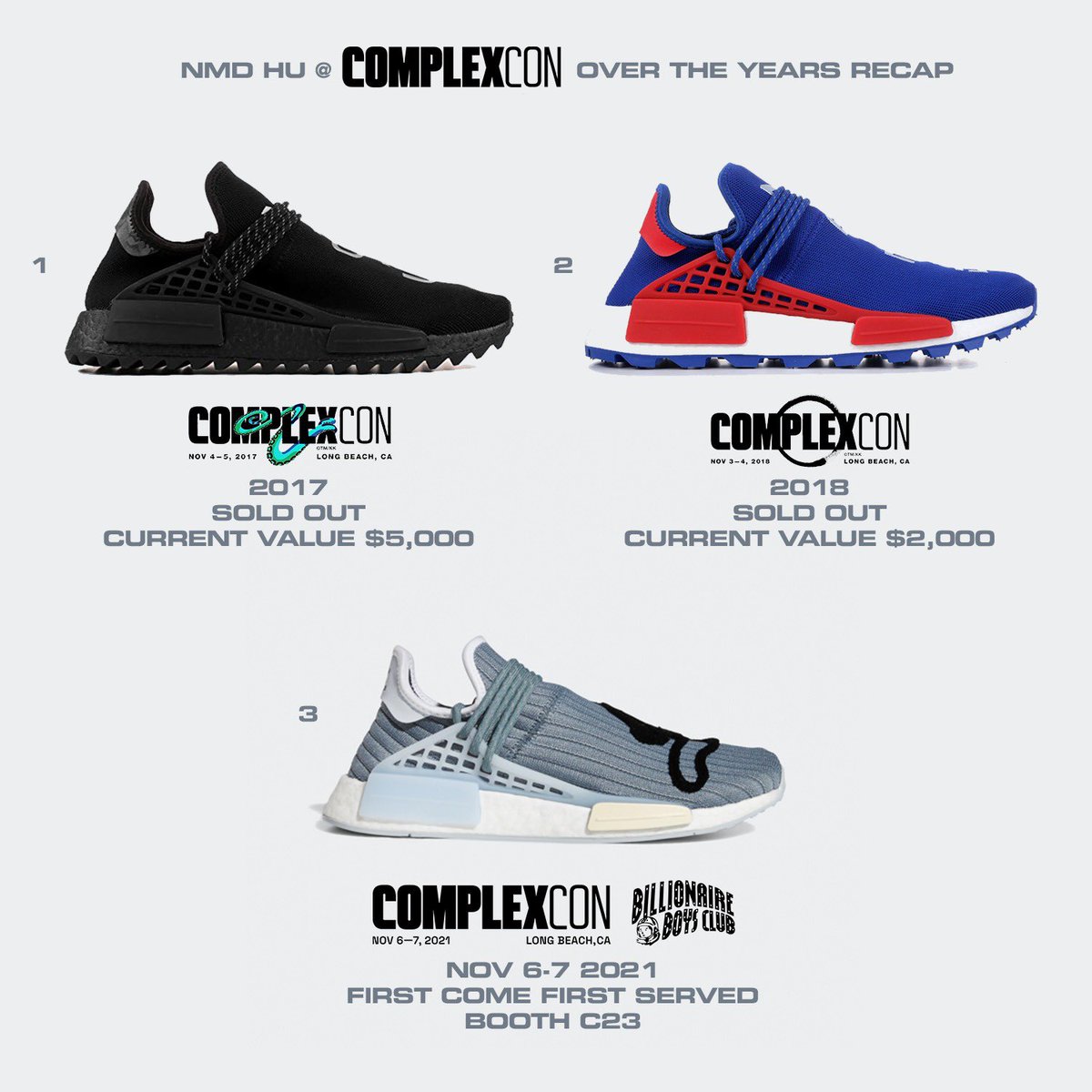 theyeezymafia's tweet photo. NMD HU @ COMPLEXCON OVER THE YEARS RECAP 🌎

CELEBRATING THE THIRD COLLAB BETWEEN HU NMD AND @COMPLEXCON ✨
 
@BBC_ICECREAM NMD HU "RUNNING DOG" IN SPACE GREY COLORWAY DROPPING TODAY AND TOMORROW IN LONG BEACH, CA BOOTH C23 🔥🌴

PICK YOUR FAVORITE IN THE COMMENTS 💬 https://t.co/xeTDJs5X1d