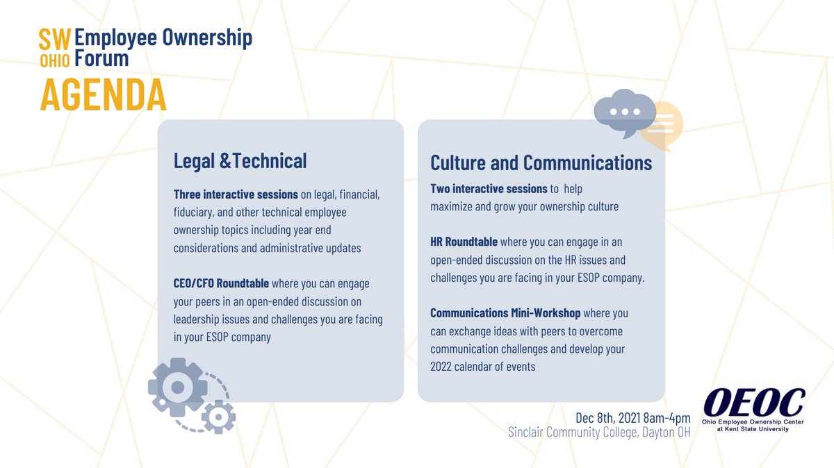 Mark your calendars for December 8th 2021 and join us for the OEOC’s Southwest Ohio Employee Ownership Forum and check out our finalized agenda. 
View the finalized agenda here: oeockent.org/resources-even…