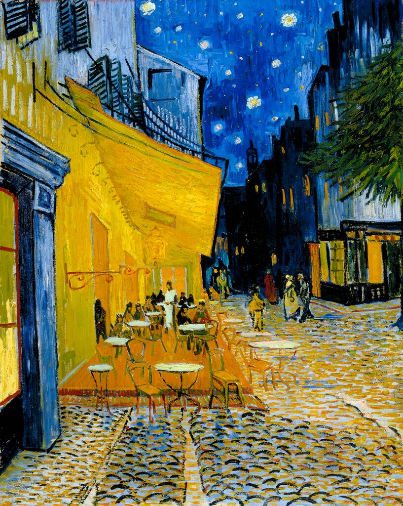 krollermuller's tweet photo. ‘Ik geloof dat het overvloedige gaslicht, dat immers geel en oranje is, het blauw sterker doet uitkomen.’ – Vincent van Gogh. Het contrast tussen de gele en oranje kleuren en het blauw maakt 'Caféterras bij nacht' krachtig. In welke kunstwerken zie jij ook een duidelijk contrast? https://t.co/jUGXsmr5zc