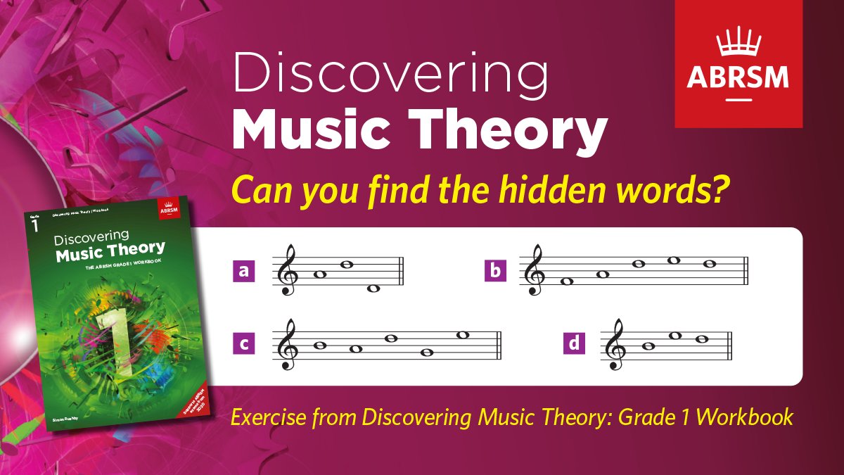 ABRSM's tweet image. Can you find the hidden words? Discovering Music Theory is a series of full colour workbooks that will help you prepare for your next Music Theory exam at Grades 1 to 5: ow.ly/aANc50GE70Y #musictheory #theoryquestion
