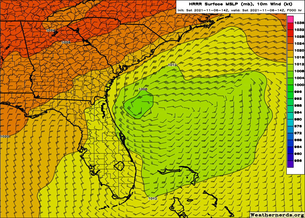 BhatiaKieran's tweet photo. Comparing #ECMWF 48 hr forecast from 2 days ago to the 14Z #HRRR initialization today shows the low has been slower to develop than forecasted. This has kept #FortPulaski GA and #Charleston #SC Saturday high tide water levels out of the top 10. Need to get thru Sunday #kingtide. https://t.co/nT5uIrc3Jf