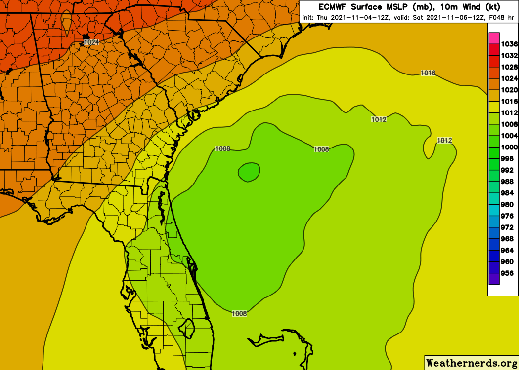 BhatiaKieran's tweet photo. Comparing #ECMWF 48 hr forecast from 2 days ago to the 14Z #HRRR initialization today shows the low has been slower to develop than forecasted. This has kept #FortPulaski GA and #Charleston #SC Saturday high tide water levels out of the top 10. Need to get thru Sunday #kingtide. https://t.co/nT5uIrc3Jf