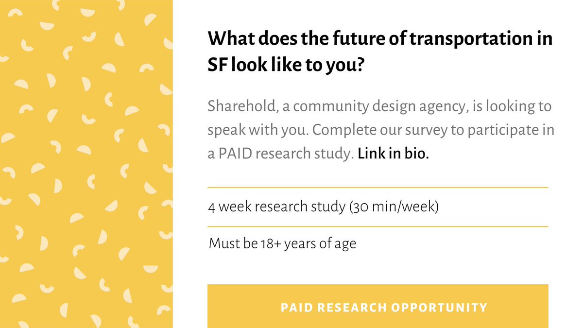 Do you work, play or live in #SanFrancisco? Take our survey to participate in a 4 week (30 min/week) PAID study on the future of transportation in SF. All are invited—we're especially excited to include cyclists, car owners, parents, seniors &amp; gig workers.
bit.ly/3w2w8YA