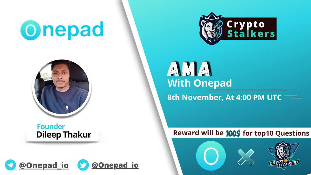 Zain_Onchain's tweet photo. 📢 We're thrilled to announce our next #AMA with @onepad_io on 8th Nov at 4:00 PM UTC

💰 Reward Pool:100$
📍 Venue: https://t.co/4koyOUms1v
〽️ Rules:
✅ Follow @StalkersCrypto &amp; @onepad_io 
✅ Like &amp; Retweet
✅ Comment Questions &amp; Tag 3 Friends with BEP20 address https://t.co/l3vv0y5i5e