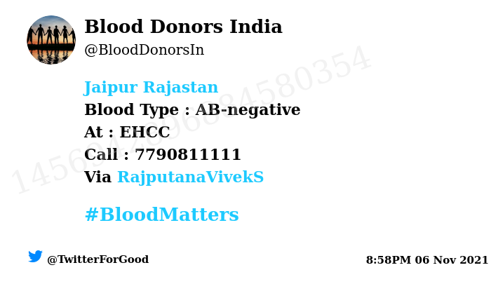 #Jaipur Rajastan
Need #Blood Type :  AB-negative
Blood Component : Blood
Number of Units : 2
Primary Number : 7790811111
Illness : Dengue
Via: @RajputanaVivekS
#BloodMatters
Powered by Twitter