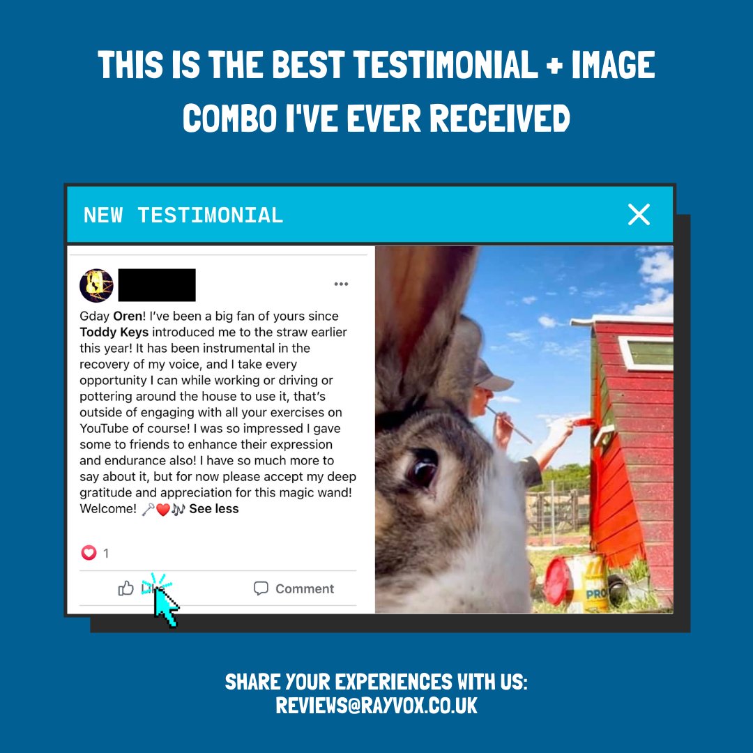 This is quite possibly the best testimonial + image combo I've ever received. Straws, rabbits, and painting hutches... What's your best straw phonation moment? 🐇🎨

#sovtstraw #learntosing #singing #testimonial #review #singerslife #singinglife