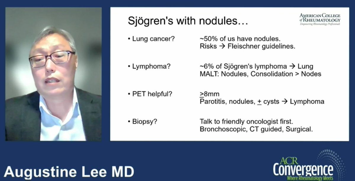 catysanchez00's tweet photo. Dr. Augustine Lee from @MayoClinic @MayoFL_IMRES discusses workup of lung disease in Sjogren Syndrome #ACR21. 
✔️Dont assume xerotrachea
✔️Obtain complete PFTs and HRCT (W/ expiration +/- prone)
✔️Inflammatory findings: immunosuppressed. > fibrotic: antifibrotics
✔️If nodules 👇 https://t.co/zS3z5UnheU