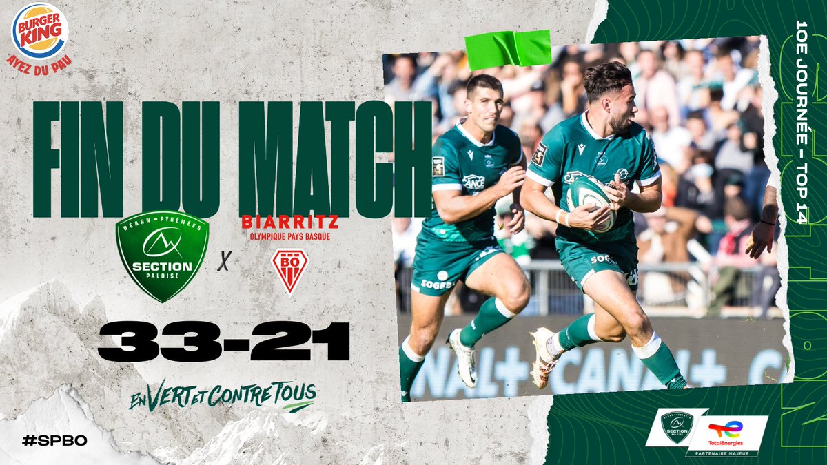 𝑽𝑰𝑪𝑻𝑶𝑰𝑹𝑬 !!! 

La Section s’impose 33-21 face à Biarritz après 20 dernières minutes de folie !
#SPBO #TOP14 #HonhaSection #EnVertEtContreTous