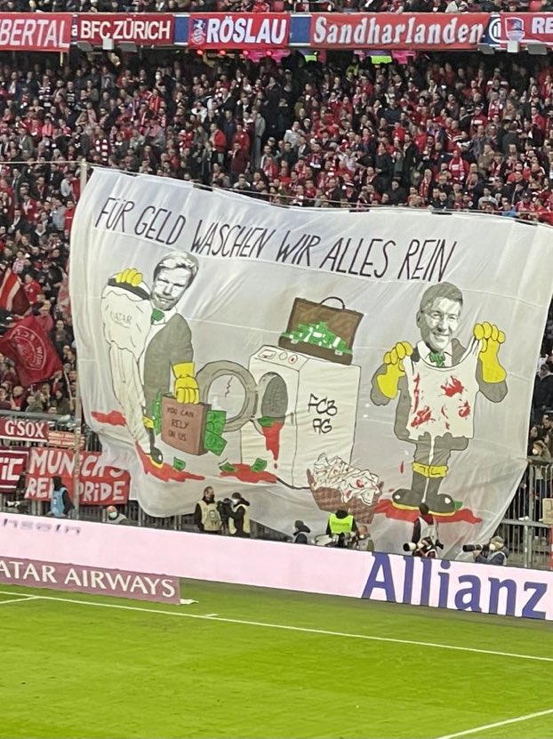 matt_4d's tweet photo. “For money, we’ll wash anything clean”

FC Bayern München supporters with more criticism of their club’s relationship with #Qatar today, depicting the club as a willing sportswashing machine.

[📷 @Sky_Torben] #fcbayern #fcbscf https://t.co/41LBxRxOrz