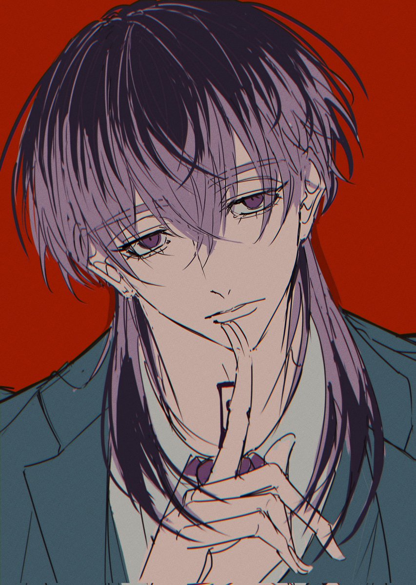 1boy male focus solo purple hair red background purple eyes looking at viewer  illustration images