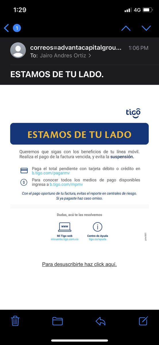 jairoandes's tweet photo. @Tigo_Colombia amigos! Me ha llegado el siguiente correo, será un modo de Phishing? https://t.co/xv9qhJU3lb