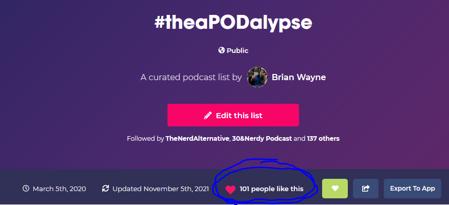 🔥🎙️🔥🎙️🔥
#theaPODalypse list just crossed the 100 likes♥️mark on <a href="/Podchaser/">Podchaser</a>!! If you haven't already, you NEED to be following the best list of indie podcasts the internet has to offer!

🔥 podchaser.com/lists/theapoda… 🎙️

#PodcastRecommendations