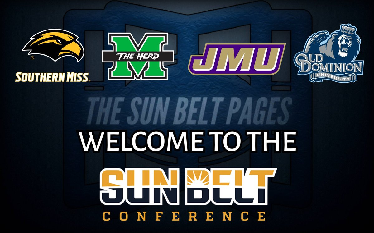 Sun Belt Pages (@sbpages) on Twitter photo And then there were four…
We want to finally Welcome <a href="/SouthernMissFB/">Southern Miss Football</a> <a href="/HerdFB/">Marshall Football</a> <a href="/JMUFootball/">JMU Football</a> <a href="/ODUFootball/">ODU Football</a> to the Sun Belt Conference! And then there were four…
We want to finally Welcome <a href="/SouthernMissFB/">Southern Miss Football</a> <a href="/HerdFB/">Marshall Football</a> <a href="/JMUFootball/">JMU Football</a> <a href="/ODUFootball/">ODU Football</a> to the Sun Belt Conference!