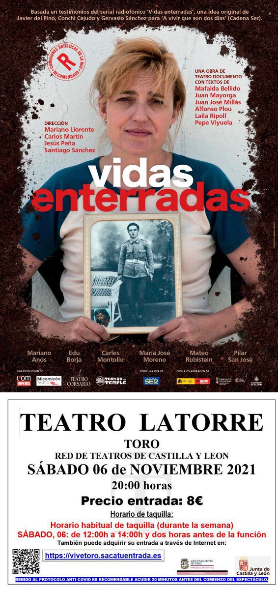 fundoslatorre's tweet photo. “Vidas Enterradas”, hoy sábado a las 20:00 horas en el Teatro Latorre.
Precio de la entrada 8€ a la venta en la taquilla del teatro dia horas antes del comienzo.
#vivetoro #seguimostrabajando #torociudaddelamusica @Toro_Ayto @TurismoToro @torociudadmusic https://t.co/VgFOqjwVNt