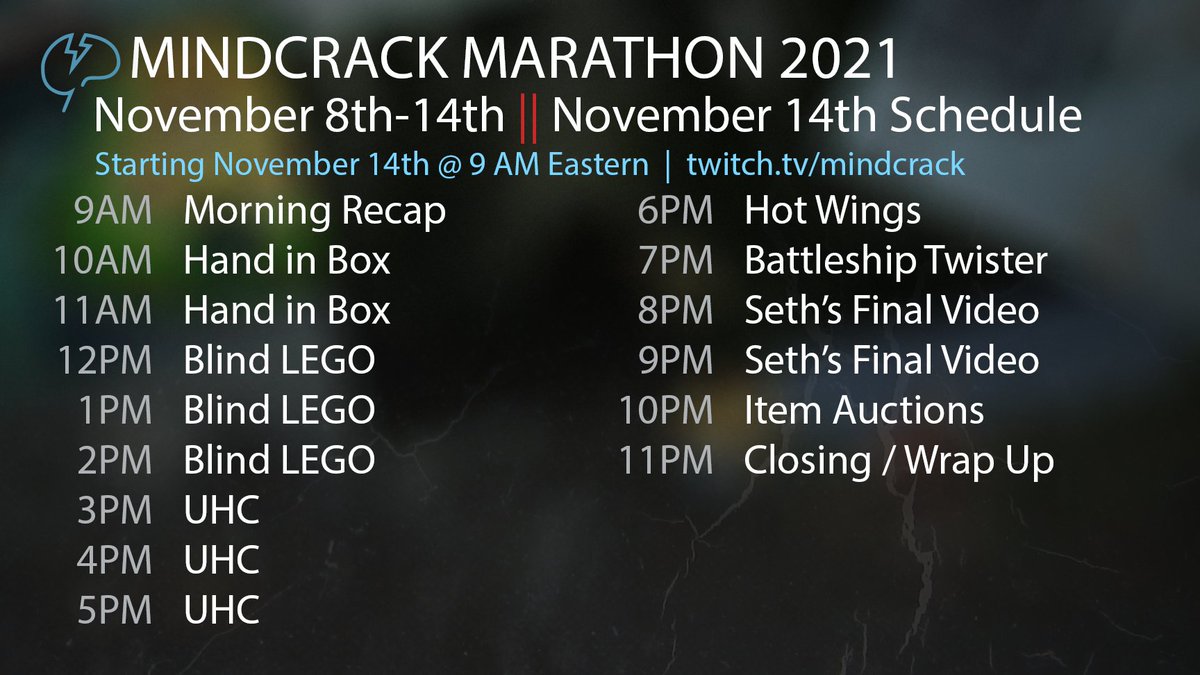 MindcrackLP's tweet photo. #MindcrackMarathon 2021 
Day 7 - November 14 2021 Schedule https://t.co/ERdnCV47Vj