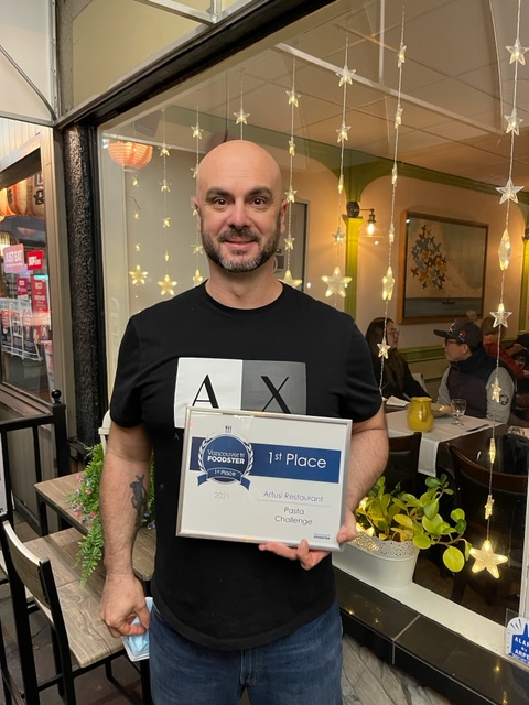 vanfoodster's tweet photo. Presenting Chef Delbert Cirfera with his 1st Place Award @ArtusiNewWest in the Vancouver Pasta Challenge for his Gnocchi Nduja & Burrata al Mare #PastaChallengeYVR https://t.co/vyN3wdEvFw