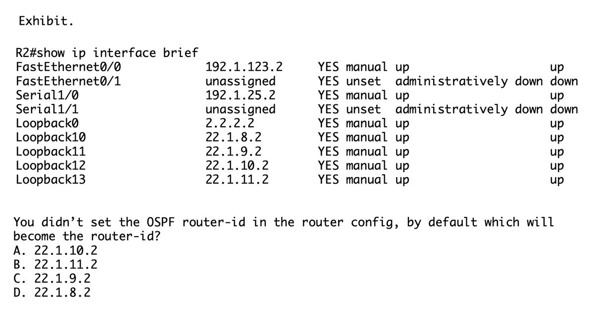 Exhibit. #ITProTV #CCNA #Quiztorial
You didn’t set the OSPF router-id in the router config, by default which will become the router-id?
A. 22.1.10.2
B. 22.1.11.2
C. 22.1.9.2
D. 22.1.8.2