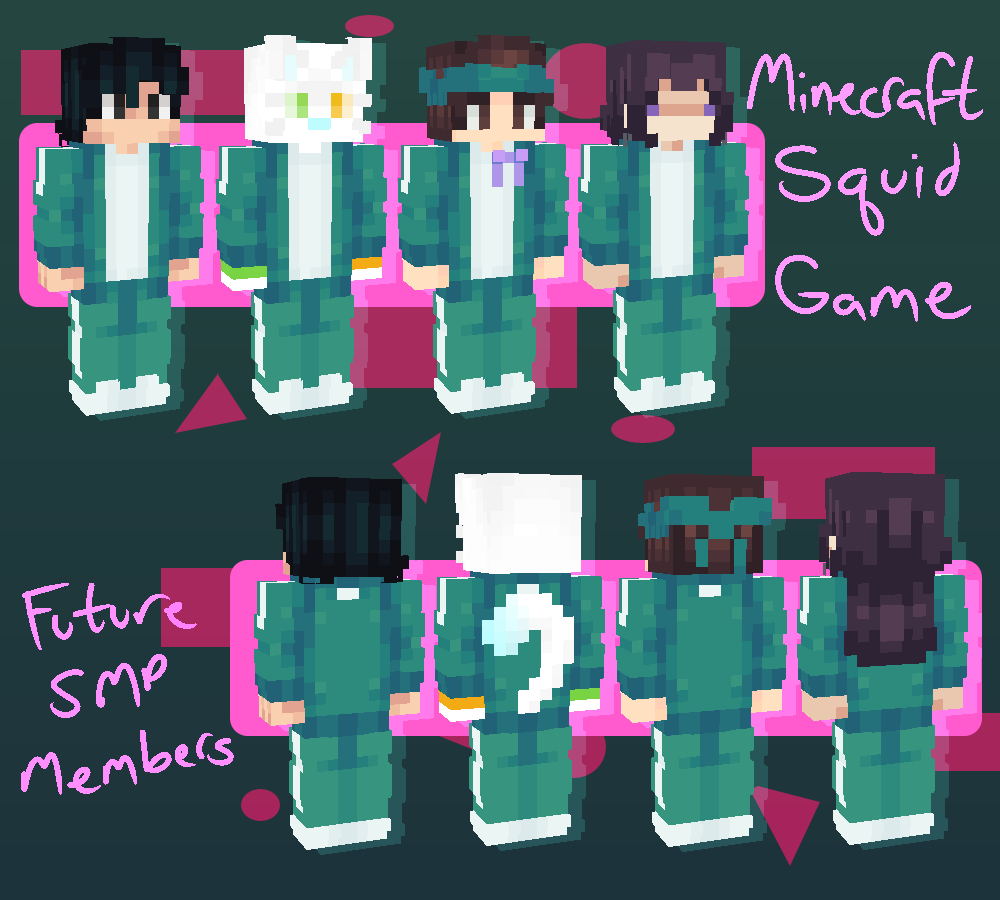 nullifi3d_'s tweet photo. Who's excited for the MC Squid Game tournament today? I certainly am! To celebrate, I made some skins for some of the old FutureSMP folks! (Links below, untag if you reply!)

#mcsquidgame #futuresmp @Animagician_ @MysticatLive @FireBreathMan @violxiv https://t.co/zzTOVUXsQM