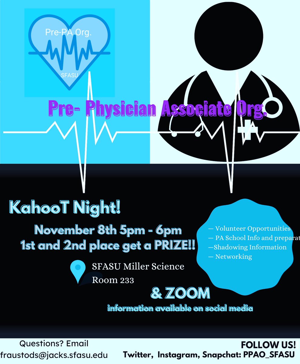 PPAO_SFASU's tweet photo. Come join us this Monday at 5pm in the Miller Science Building in room 233 for a Kahoot Night! We will sum up the important information covered this semester and 1st and 2nd place will win a PRIZE!! 🤩🤩 We had issues with Zoom last meeting so stay tuned to see if it’s available! https://t.co/QXWnSKFonI