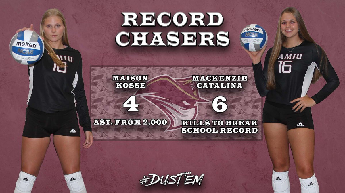 TAMIUAthletics's tweet photo. The Record Chasers look to become Record Breakers on Senior Day

After 55 assists vs STMU, @mdkvball is 4 assists away from being the 4th to reach 2,000 in a career.
@mackenziecat8 dropped 23 kills last night and she is now 6 away from being TAMIU's all-time leader.

#DustEm🤘 https://t.co/Cy8Ml8Rjdz