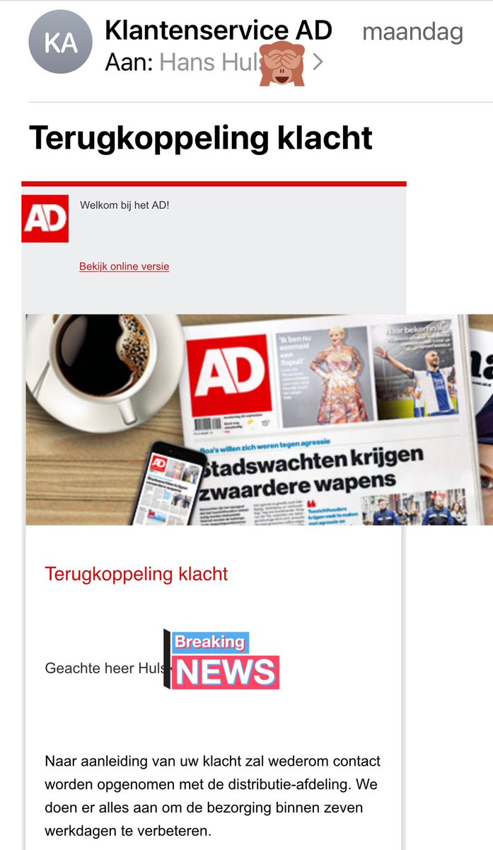 Voor de 4e zaterdag op rij geen krant ontvangen😡 <a href="/ADnl/">AD.nl</a> ondanks schriftelijke toezegging dat het opgelost zou worden …. #waargaathetfout