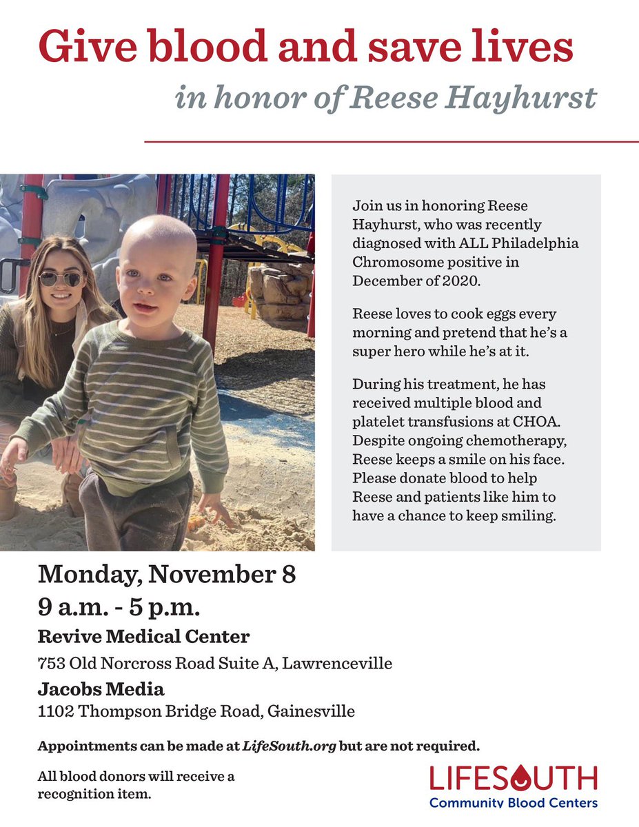 Lifesouth will be at our studios on MON 11/8 from 9-5. Reese and his family are fighting hard and your gift can honor their fight and provide LIFE for so many. All donations go straight to Children's Hospital of Atlanta and help children just like Reese!
#BloodDonation