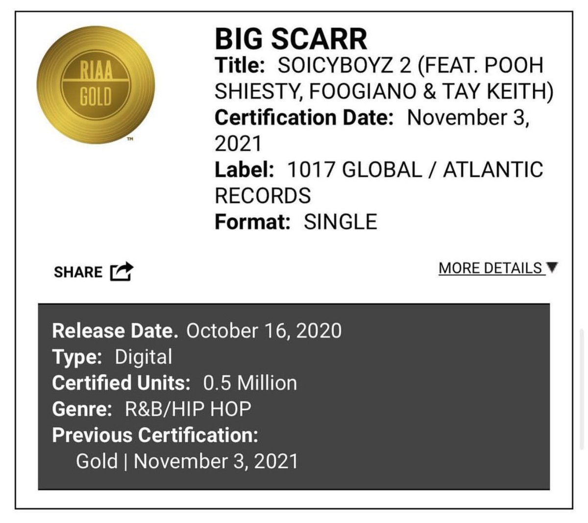 We just hit GOLD! Plaques OTW! Blessed to get these Trophies! 🏆🥶
<a href="/bigscarr1818/">Big Scarr</a> <a href="/pooh_shiesty/">Slime Lil Dude</a> <a href="/FoogianoDaMayor/">FOOGIANO 🥶</a> <a href="/taykeith/">Tay Keith</a> <a href="/AtlanticRecords/">Atlantic Records</a> - Let’s Goooo!!