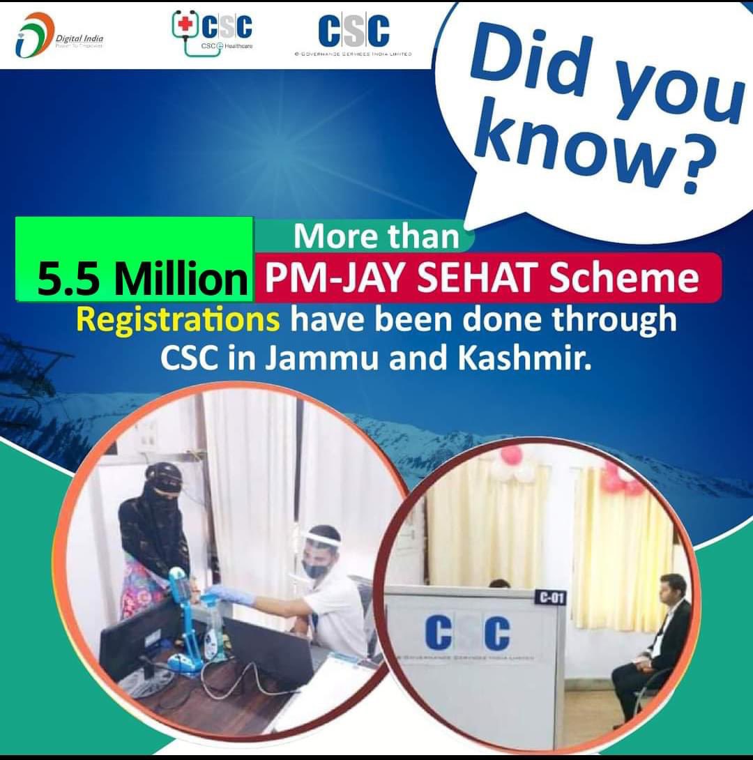 Shahnawaz2510's tweet photo. Did you Know ?

More than 5.5 Million PMJAY SEHAT Scheme Registrations have been done through Common Services Centers (CSC) in J&amp;K. https://t.co/502PG8ODRR