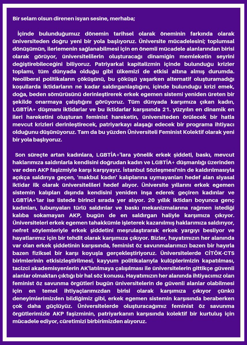 mersinufk's tweet photo. Bir selam olsun direnen isyan sesine, merhaba!
Tüm kadınları ve LGBTİQA+ları Üniversiteli Feminist Kolektif olarak Özerk Demokratik Feminist üniversite için birlikte mücadele etmeye çağırıyoruz 🌈💜
Kayıt Formu 👇
https://t.co/CudqxhMLwi https://t.co/xjjSdl5GSe