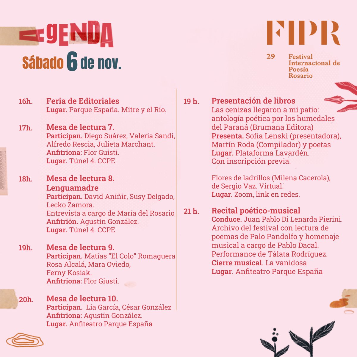 FIPRosario's tweet photo. 🌿 ¡Anteúltimo día del #FIPR29!
✨ Les compartimos las actividades de hoy
#FIPR29 #poesíaenlasorillas #festival #poesía #rosario https://t.co/hZFUO0gsOy