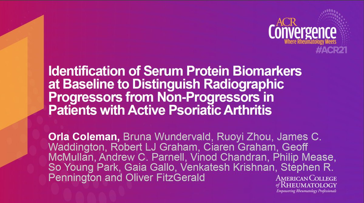 GrappaO's tweet photo. ¿Biomarkers in PsA? Check out Abst#0449 by @ColemanOrla which was highlighted as an Oral Presentation.
** 69 proteins that can potentially discriminate PsA patients who will progress to radiographic damage from those who will not.
#ACR21 #GRAPPA https://t.co/Da8DCoGgfs