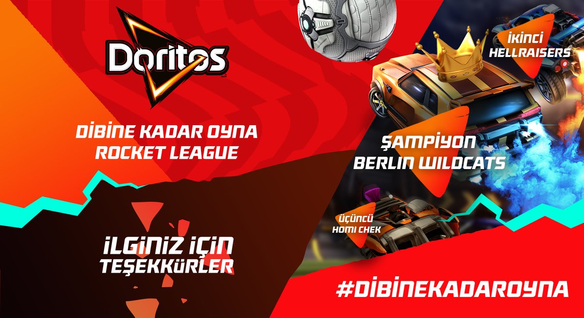 Doritos Dibine Kadar Oyna Rocket League Turnuvası'nda şampiyon <a href="/berlinwildcats/">DenizBank AG Berlin Wildcats</a>! 🥳

🥇Berlin Wildcats
🥈HellRaisers
🥉Homi Chek

Başta <a href="/DoritosTurkiye/">Doritos Türkiye</a> olmak üzere, turnuvamıza katılan, izleyen herkese ve sunucularımıza teşekkür ederiz! 🥰

#DibineKadarOyna #DibineKadarKazan