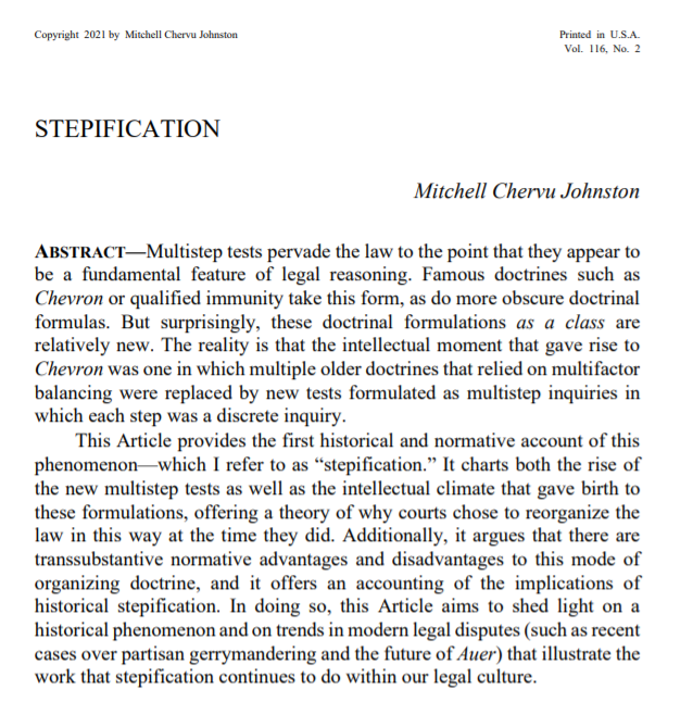 chris_j_walker's tweet photo. Neat new @NwULRev article "Stepification" by recent law school grad Mitchell Chervu Johnston: https://t.co/rgumiFLwwb 

Definitely has a wonderful @EskridgeBill-esque quality to it, but with the author's strong, unique voice as well. https://t.co/9REgpEr9yo