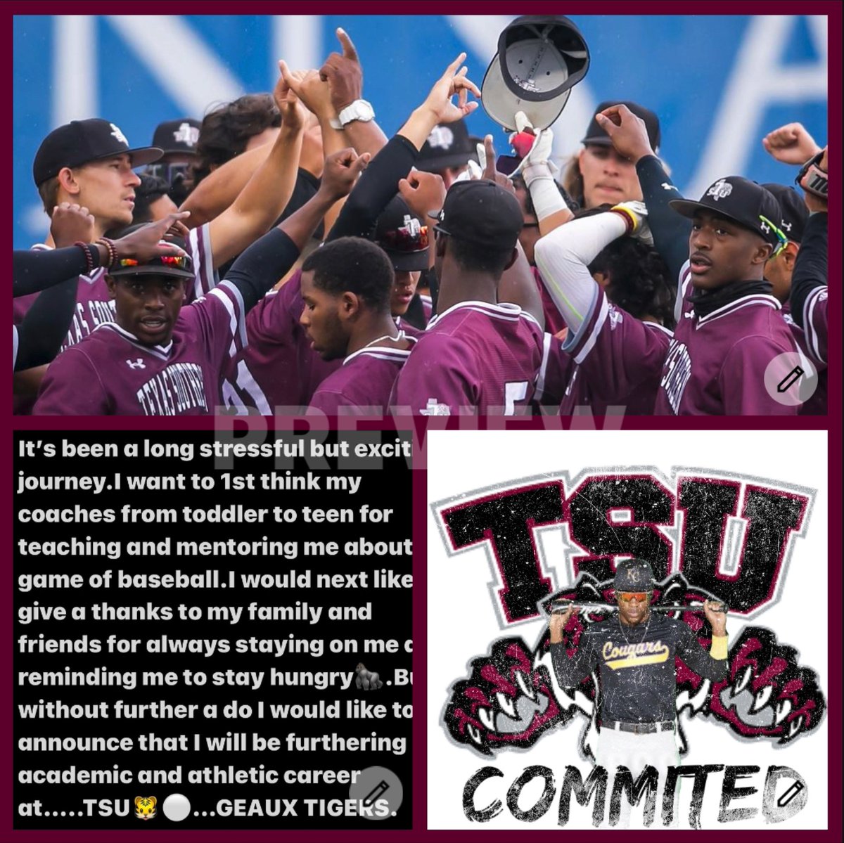 I am proud you say I’m taking my Academics & Baseball Talents to The University of Texas Southern… I want to give a thanks to all my coaches and family for helping me get this far.#TSU_Baseball #TheSkiesTheLimit