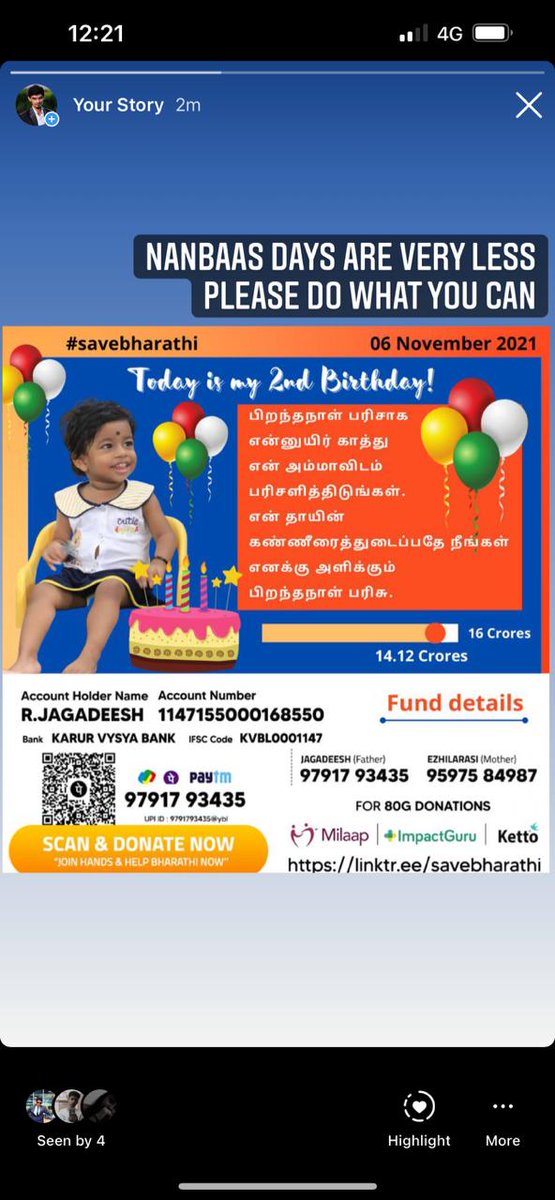 Gobinat52471975's tweet photo. #savebharathi #timetosavebharathi இதுபோன்ற உள்ளங்களால் தான் இதுவரை 14.40 கோடி கிடைத்துள்ளது. இன்று பாரதி பாப்பா பிறந்தநாள். உங்கள் வாழ்த்தும் சிறுதுளி தொகையும் அவள் உயிர் காக்க உதவும்.செய்வீர்களா @Siva_Kartikeyan @Suriya_offl https://t.co/hwaSLeml1m