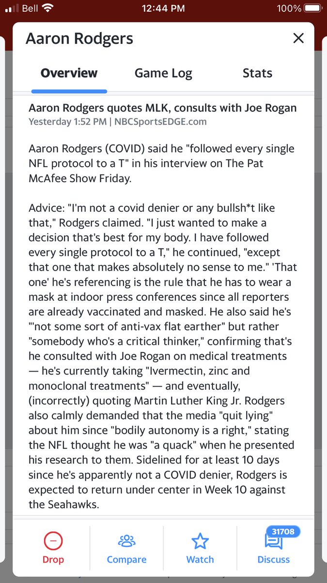 BrendanJewell's tweet photo. Yahoo really not holding back on details for Aaron Rodgers fantasy status over the next week https://t.co/uRsjFIcCWd