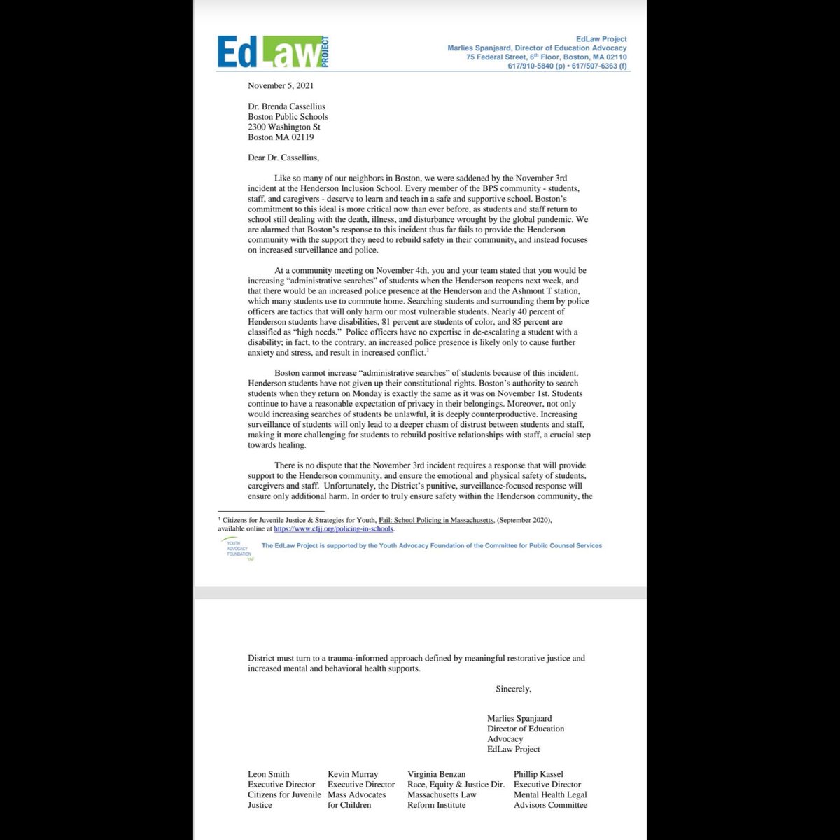 Youth Advocacy Foundation on X: EdLaw Project joined with other legal  advocacy organizations yesterday to write to Boston Public Schools  Superintendent to urge a trauma-informed approach instead of the increased  searches &police