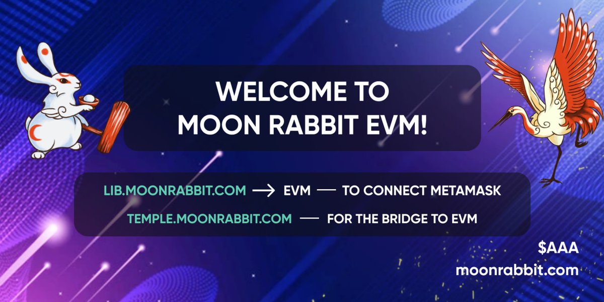 moonrabbitAZ's tweet photo. Temples have voted to approve the public launch of Moon Rabbit EVM Jurisdiction! Smart contracts are now publicly available, beginning w/ DEX, NFT &amp; DeFi. Stay tuned, as we commence the roll out the network, &amp; gradual launch of the Bridge+ Dapps. $AAA read
https://t.co/M3Rxhvm4QQ https://t.co/OEudqRBsSb